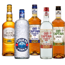 Glen Talloch Schotse whisky
of Esbjaerg vodka fles à 1000 ml,
of Old Captain Caribbean rum wit,
bruin of spiced fles à 700 ml